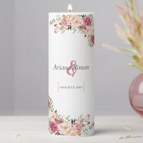 Simple Blush Pink Floral Wedding Pillar Candle