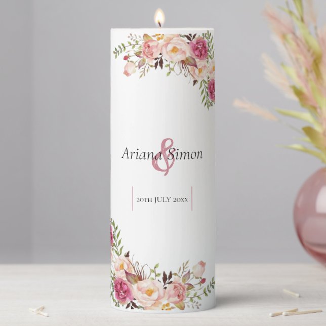 Simple Blush Pink Floral Wedding Pillar Candle (In Situ)