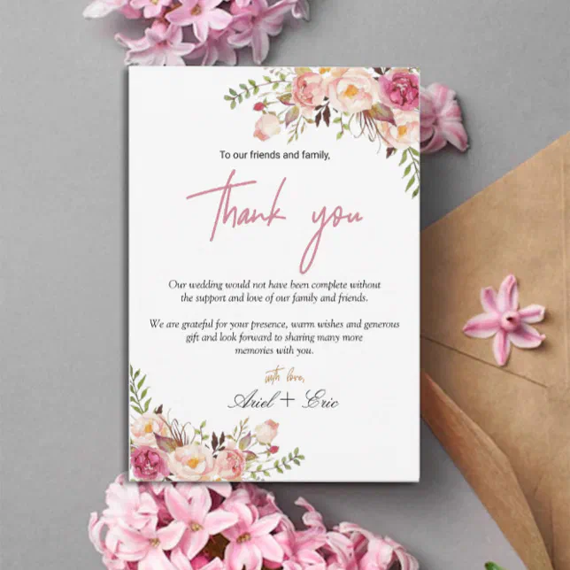 Simple Blush Pink Floral Wedding Thank You Card | Zazzle