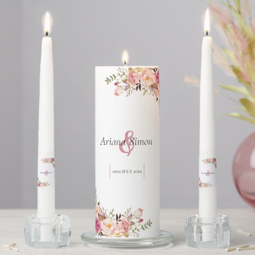 Simple Blush Pink Floral Wedding Unity Candle Set