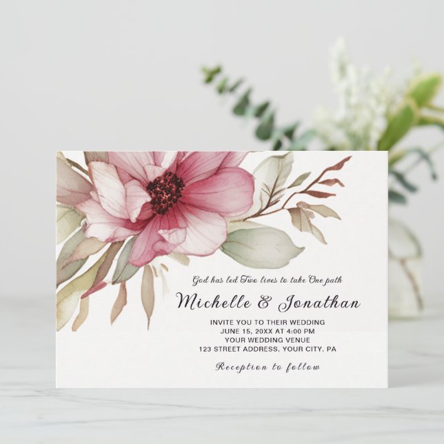 Simple Blush Pink Flower Christian Bible Wedding Invitation (Standing Front)
