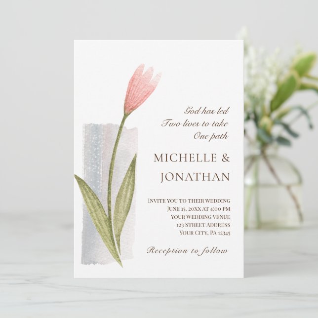 Simple Blush Pink Flower Modern Christian Wedding Invitation (Standing Front)