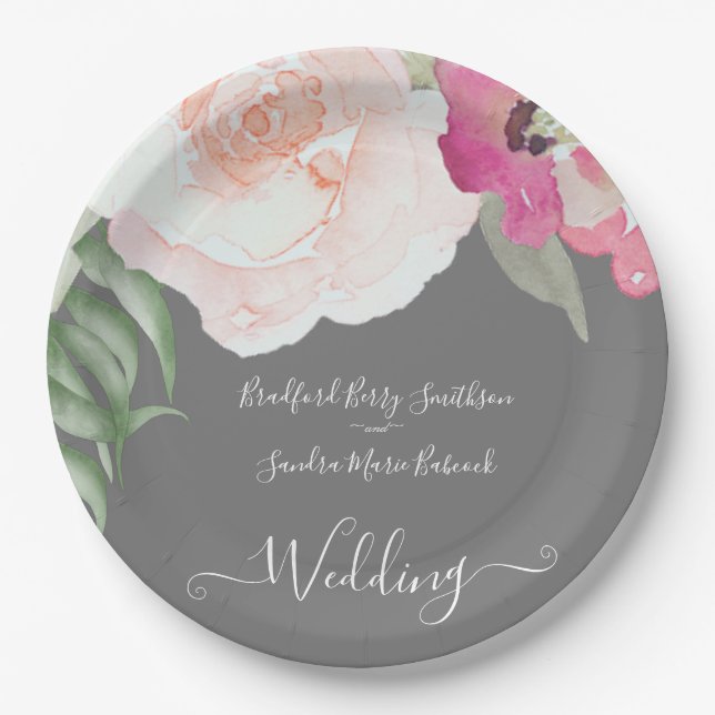 Simple Blush Pink Fushia Floral Wedding  Paper Plates (Front)