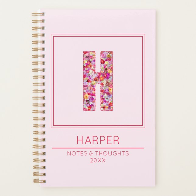Simple Blush Pink Girly Floral Monogram Letter H Planner (Front)