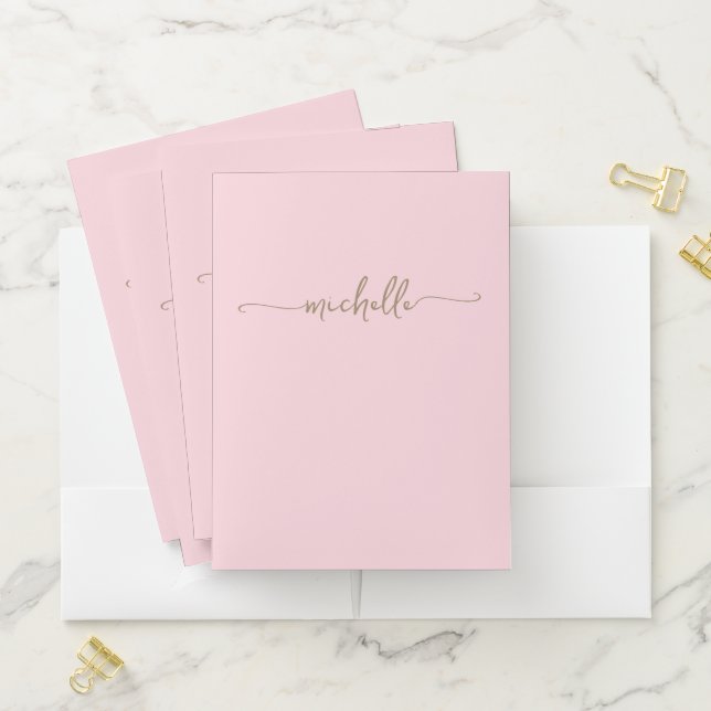 Simple Blush Pink Girly Gold Monogram Name Script Pocket Folder (In Situ)
