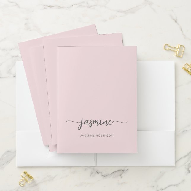 Simple Blush Pink Girly Monogram Name Script Pocket Folder (In Situ)