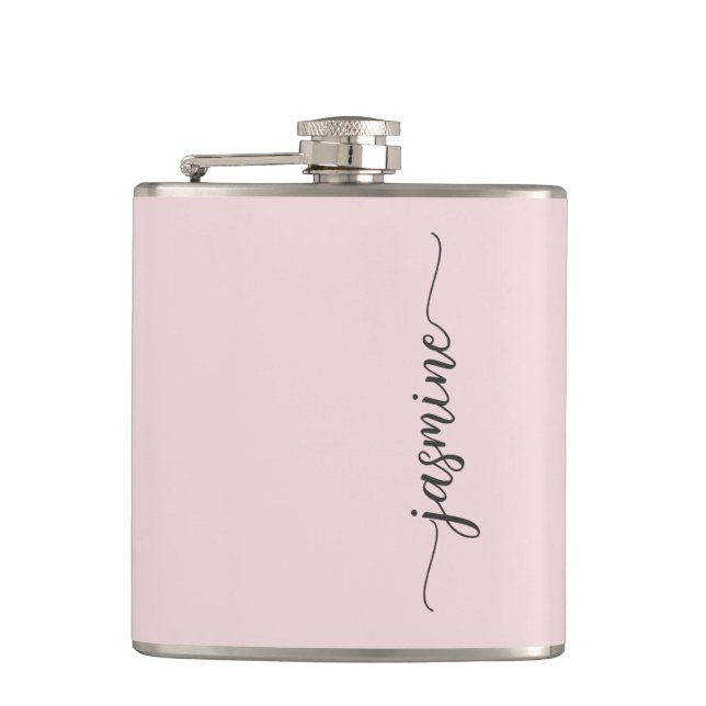 Simple Blush Pink Girly Monogram Name Signature Fl Flask (Front)