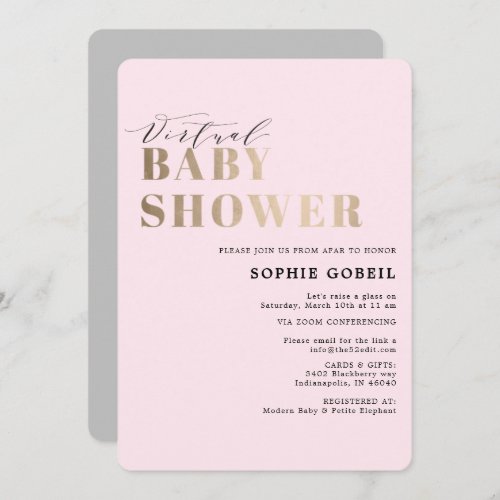 Simple Blush Pink  Gold VIRTUTAL Baby Shower Invitation