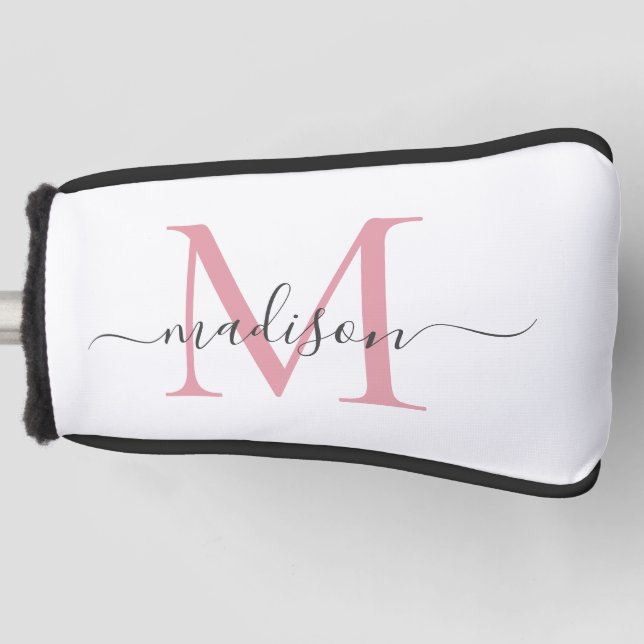 Simple Blush Pink Gray Monogram Feminine Script Golf Head Cover (Front)