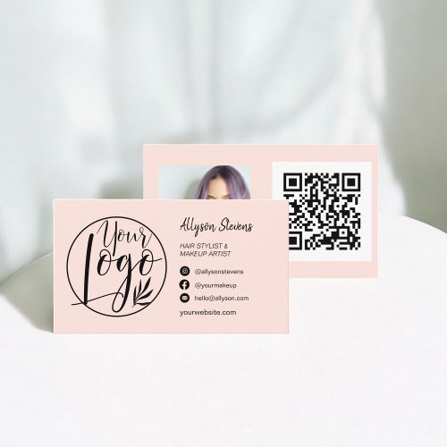 Simple blush pink hair makeup photo logo qr code business card