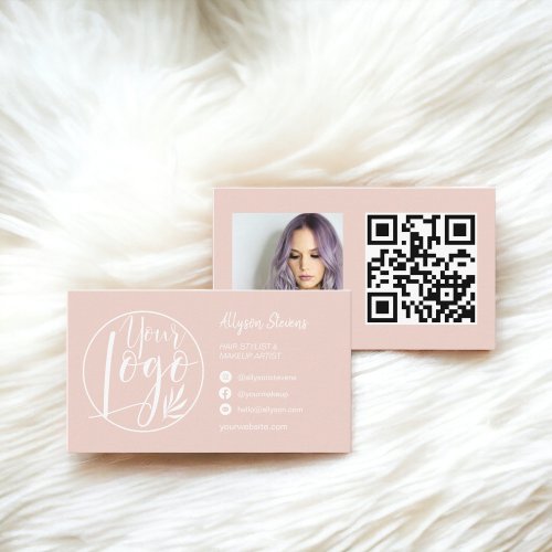 Simple blush pink hair makeup photo logo qr code business card
