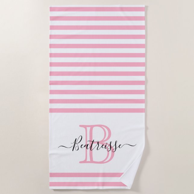 Simple Blush Pink Line Nautical Monogram Initial Beach Towel (Front)