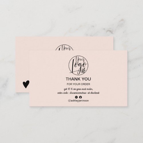 Simple blush pink minimalist logo order thank you business card