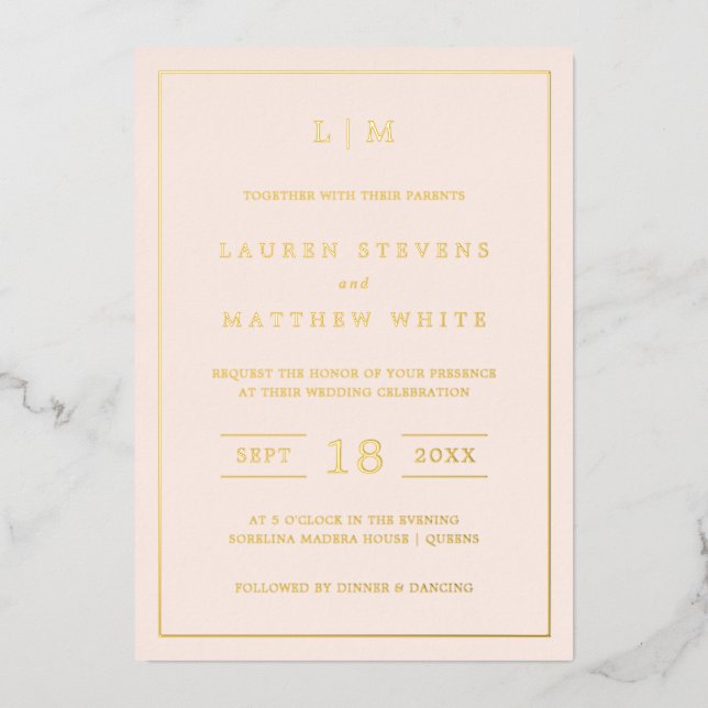 Simple Blush Pink Monogram Elegant Wedding Foil Invitation (Front)