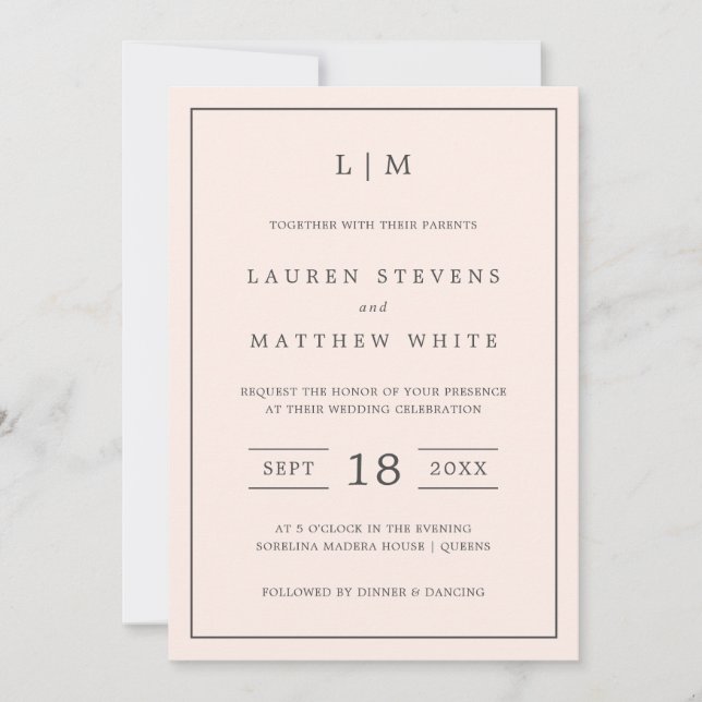 Simple Blush Pink Monogram Elegant Wedding Invitation (Front)