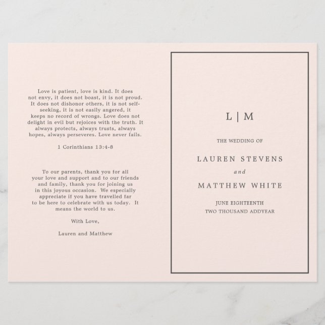 Simple Blush Pink Monogram Elegant Wedding Program (Front)