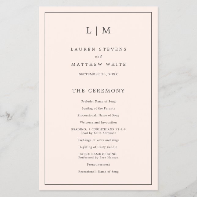 Simple Blush Pink Monogram Elegant Wedding Program Flyer (Front)