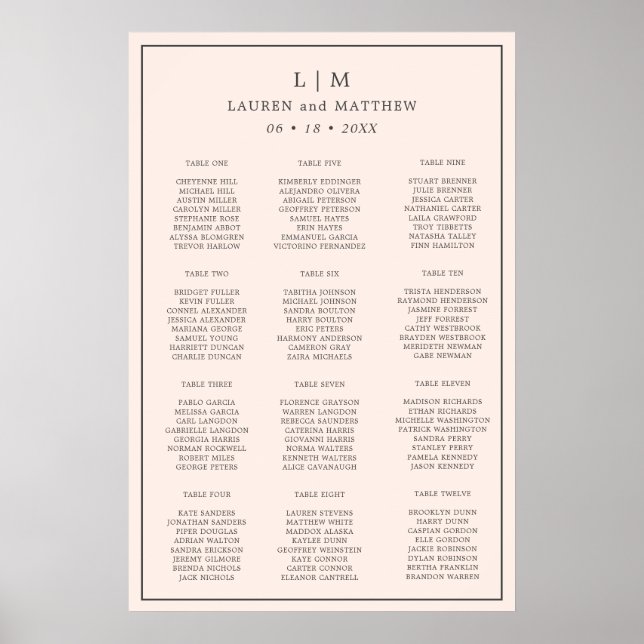 Simple Blush Pink Monogram Wedding Seating Chart (Front)
