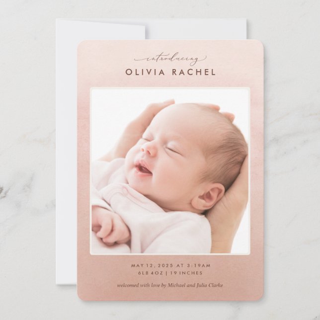 Simple Blush Pink Ombre Photo Birth Announcement (Front)