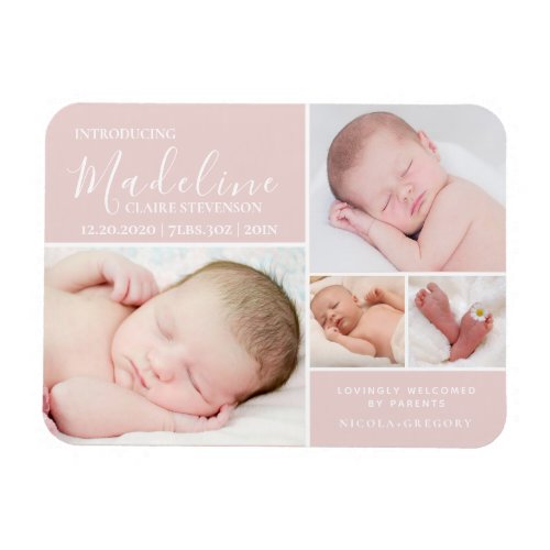 Simple Blush Pink Photo Collage Baby Girl Birth Magnet