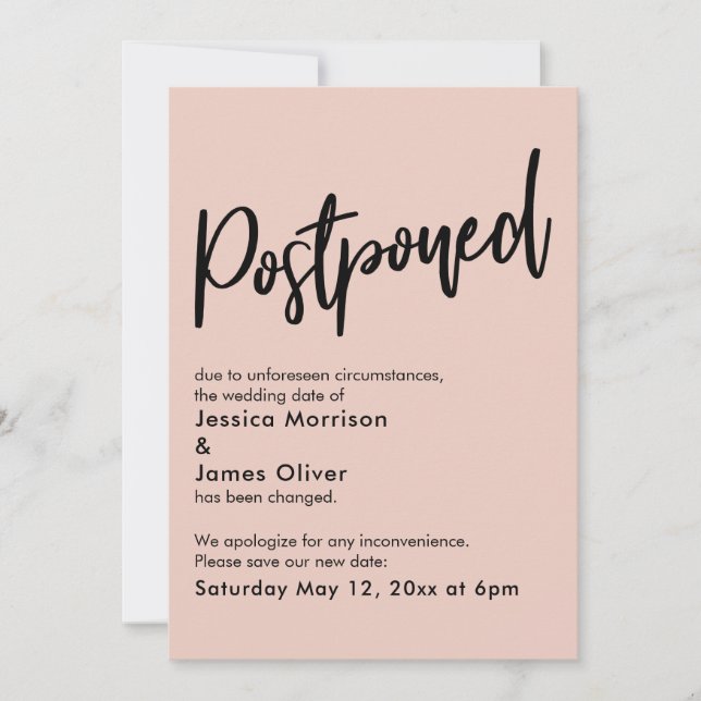 Simple Blush Pink Postponed Wedding Announcement (Front)