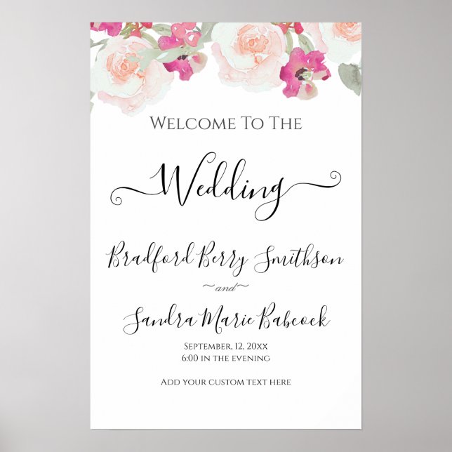 Simple Blush Pink Raspberry  Floral Wedding Sign (Front)