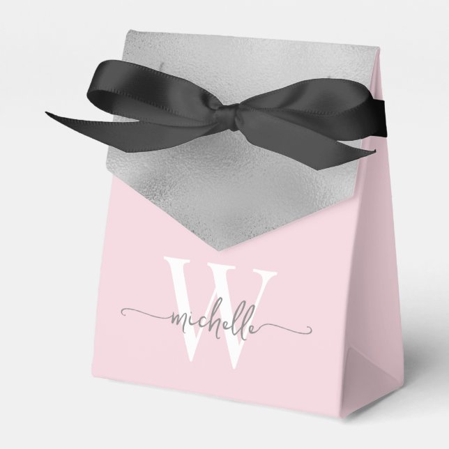 Simple Blush Pink Silver Foil Monogram Name Script Favor Boxes (Front Side)