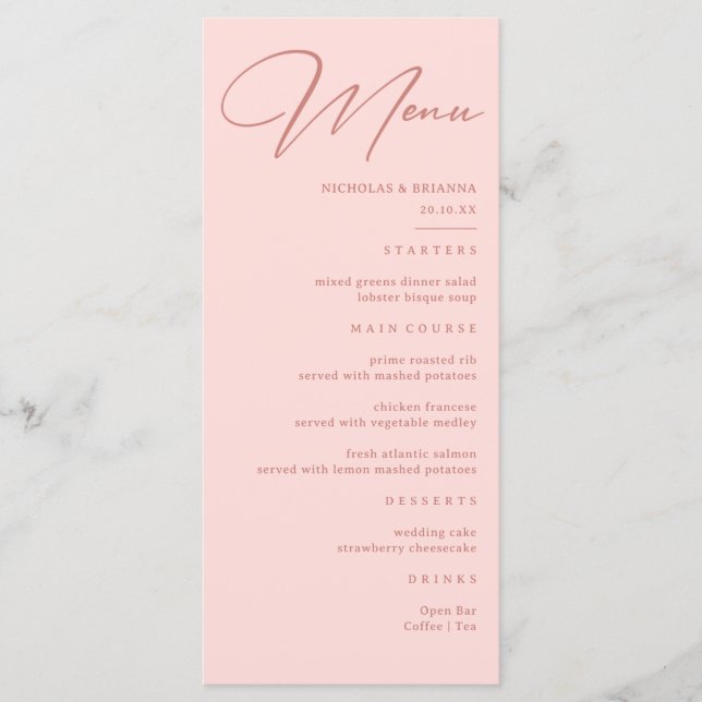 Simple Blush Pink Wedding  Menu (Front)