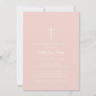 Simple Blush pink & white Cross Baby Girl Baptism Invitation