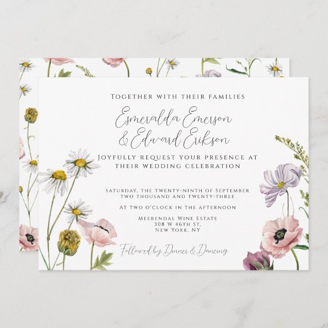 Simple Blush Pink Wild Flower Garden Wedding  Invitation (Front/Back)