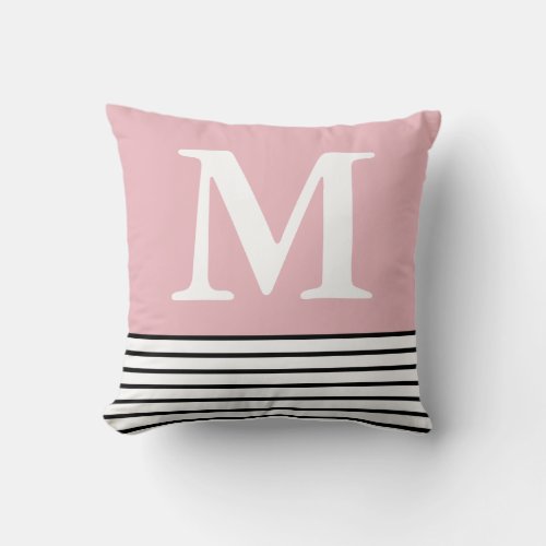 Simple Blush Pink With BW Stripes Monogrammed  Throw Pillow