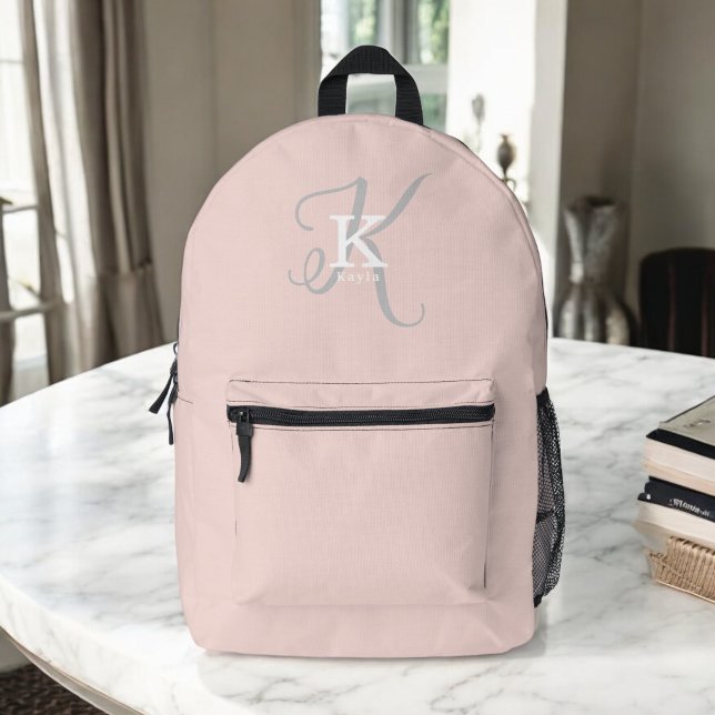 Simple Blush Pink with Stylish Monogram Typography Printed Backpack (Personalize with your name and monogram initial.)