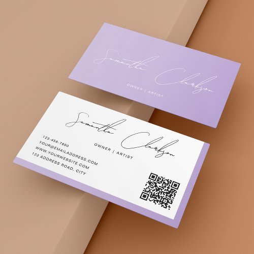 Simple Blush Purple Handwritten Script QR code Business Card