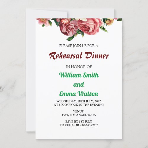 Simple Blush Roses Wedding Rehearsal Dinner Invitation