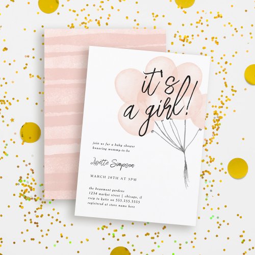 Simple Blush Watercolor Balloons Girl Baby Shower Invitation