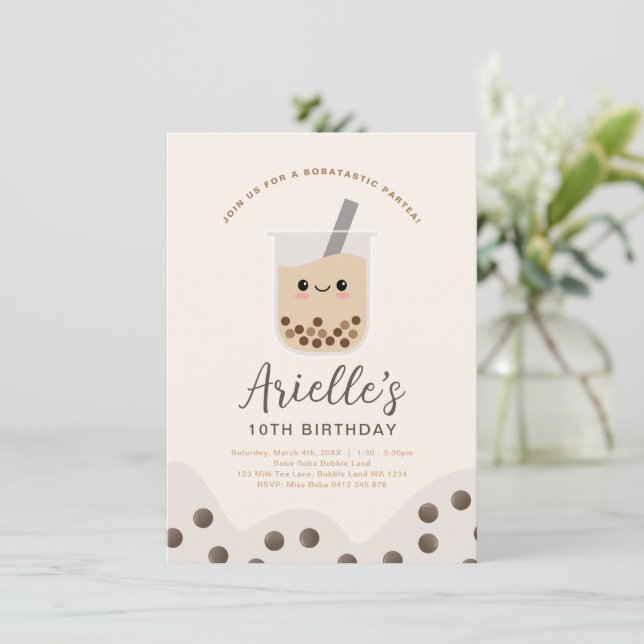 Simple Boba Bubble Milk Tea Birthday Invitation (Standing Front)