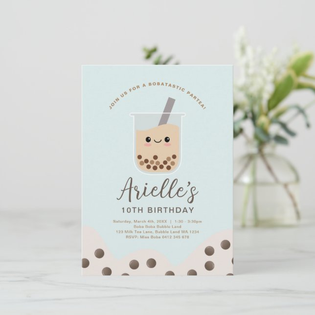 Simple Boba Bubble Milk Tea Blue Birthday Invitation (Standing Front)