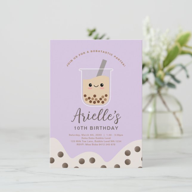 Simple Boba Bubble Milk Tea Purple Birthday Invitation (Standing Front)