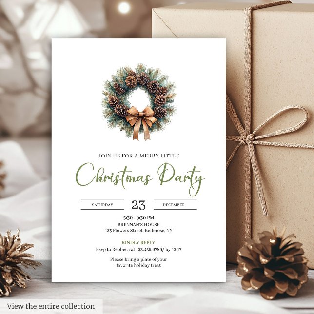 Simple Bohemian Watercolor Pine Wreath Christmas  Invitation (Simple Bohemian Watercolor Pine Wreath Christmas Card)