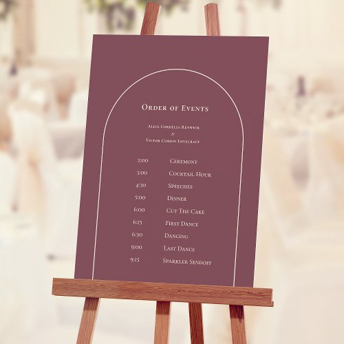 Simple Boho Arch Plum Wedding Order of Events Foam Board