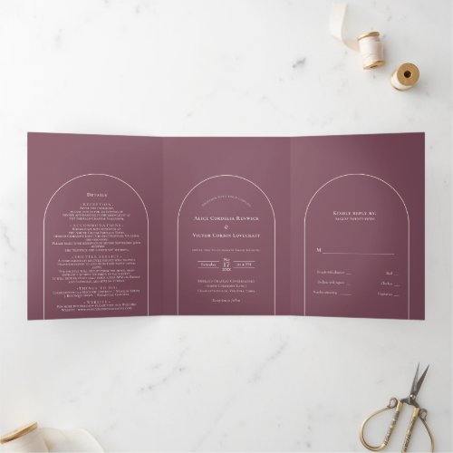 Simple Boho Arch Plum Wedding Tri_Fold Invitation