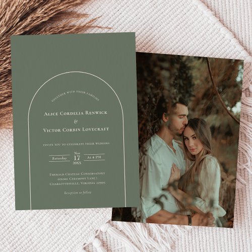 Simple Boho Arch Sage Green Wedding Photo Invitation