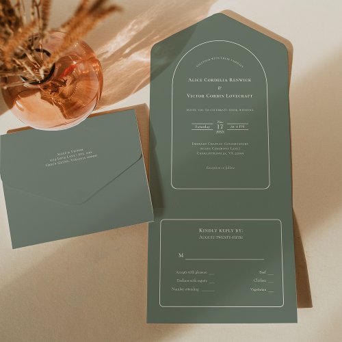 Simple Boho Arch Sage Green Wedding RSVP All In One Invitation