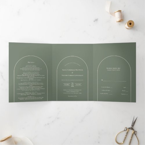 Simple Boho Arch Sage Green Wedding Tri_Fold Invitation