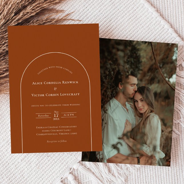 Simple Boho Arch Terracotta Wedding Photo Invitation (Creator Uploaded)