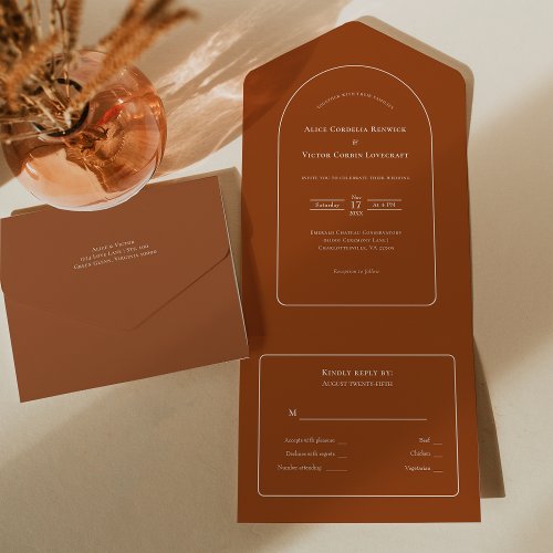 Simple Boho Arch Terracotta Wedding RSVP All In One Invitation