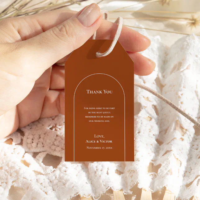 Simple Boho Arch Terracotta Wedding Thank You Gift Tags | Zazzle