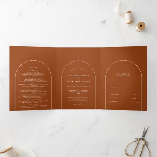 Simple Boho Arch Terracotta Wedding Tri_Fold Invitation