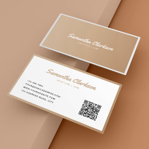 Simple Boho Beige Border Script Typography QR code Business Card