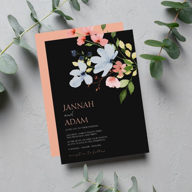Simple Boho Black Blush and White Floral Wedding Invitation (Creator Uploaded)